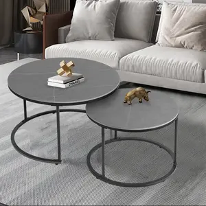 Set of 2 Modern Round Nesting Coffee Tables - Sintered Stone Table Tops - Stacking Center Tables