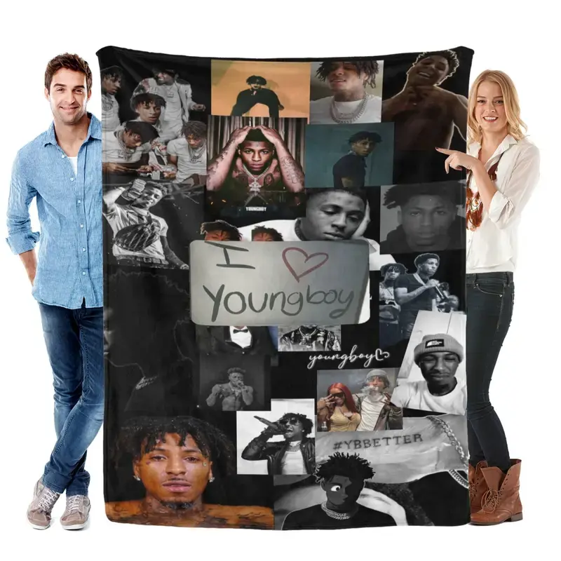 YoungBoy Collage Print Polyester Flannel Throw Blanket, Soft Cozy Warm Lightweight Plush Fleece, Flat Weave, Hip-Hop Fan Gift for Couch/Bed, Christmas Holiday Home Decor
