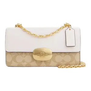 COACH Eliza 23 Classic Monogram Flap Shoulder Bag for Women – Chain-Style Small Square Bag in Light Khaki and White