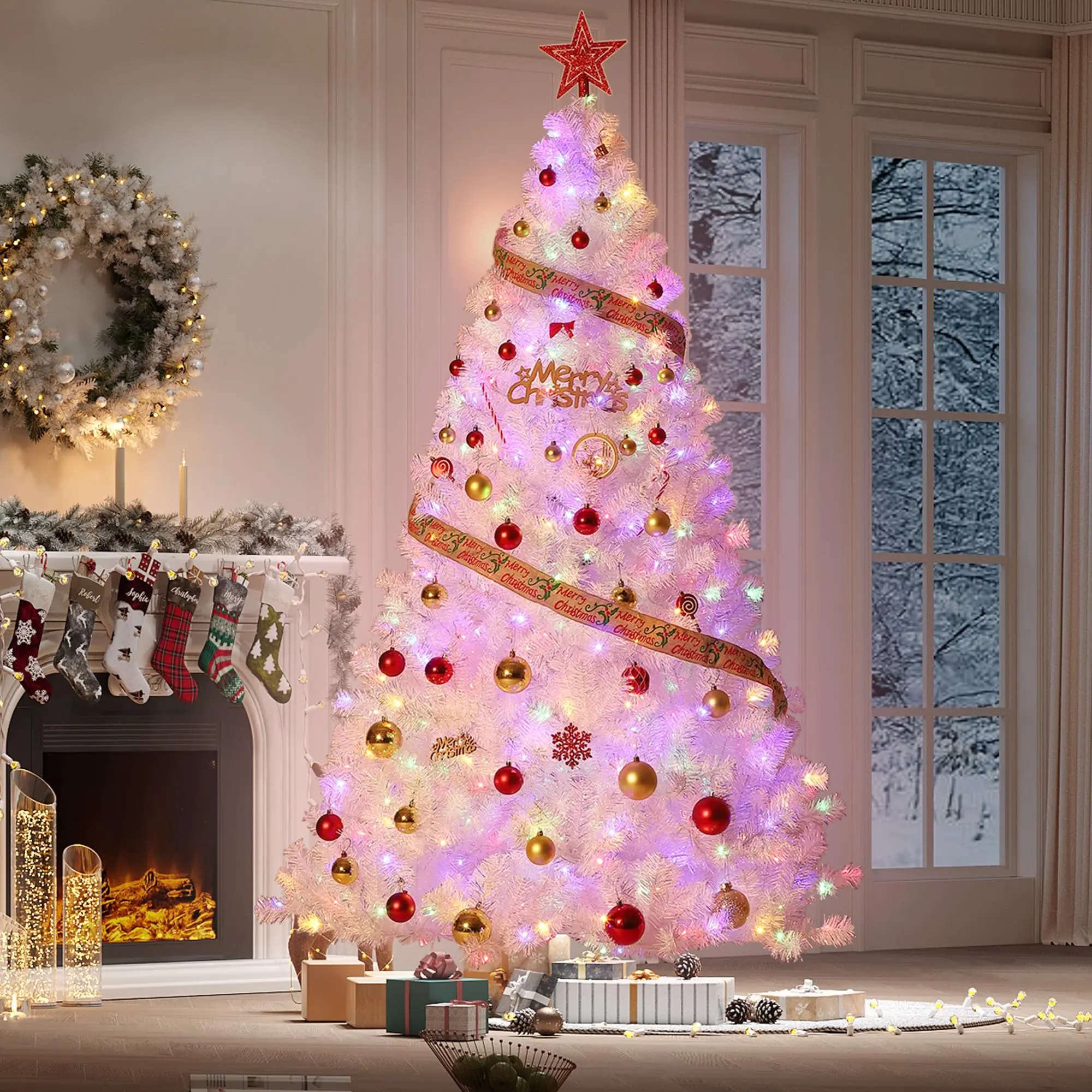 GARVEE 7.5 ft Prelit Artificial Christmas Tree with 450 Warm White Lights, Snow Flocked Pencil Design, Foldable Base, Ideal for Home, Office, and Holiday Party Decorations in Laser White
