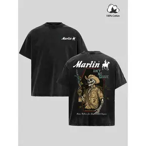 Retro Western-Style Skull Graphic T-Shirt—Showcase Your Unique Personality. A Nostalgic "Cowboy Frontier" Short-Sleeve Top: Washed & Distressed, Loose-Fit, Unisex Pure Cotton Shirt.