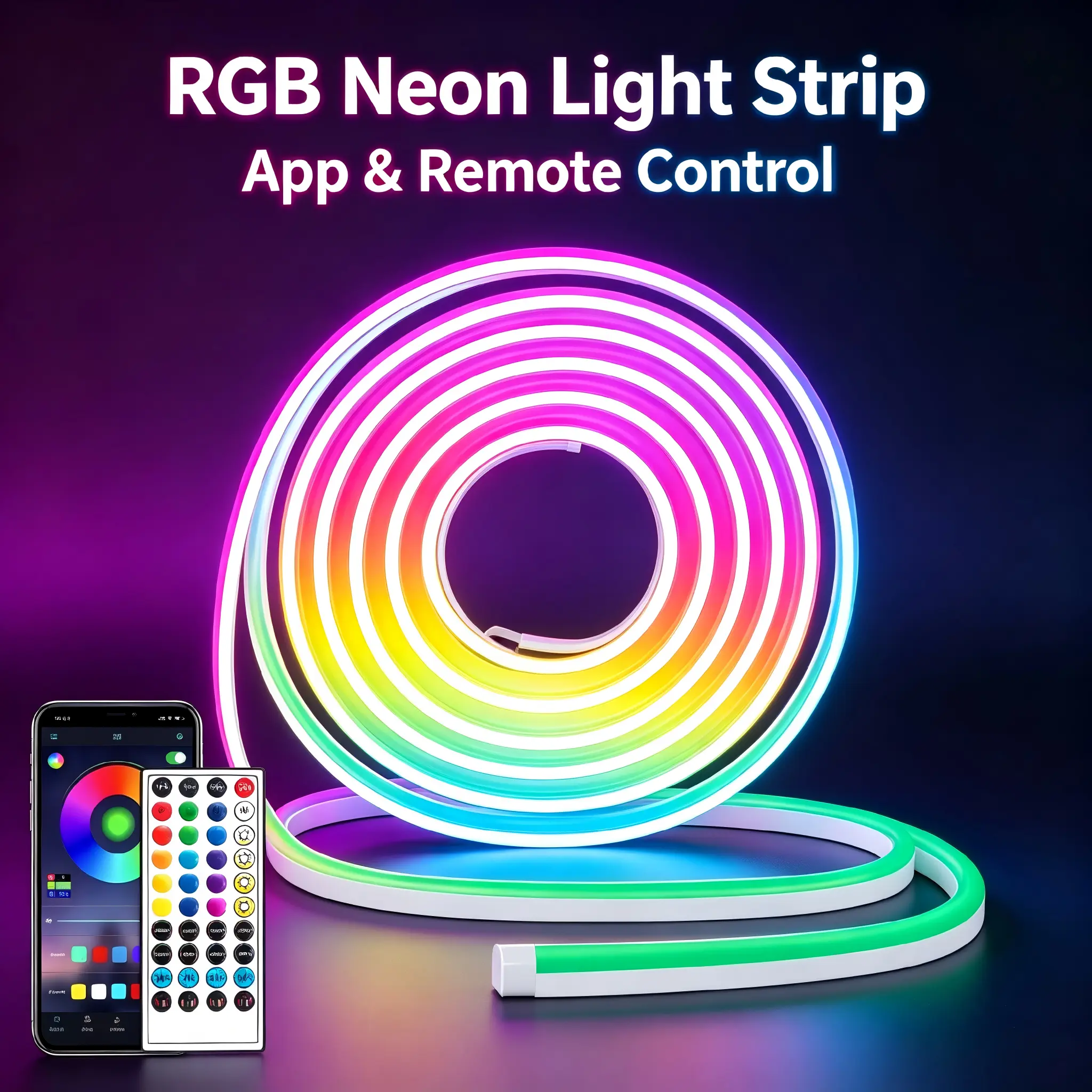 RGB Flexible LED Neon Rope Light Strip 15M/20M/30M IP65 Waterproof Music Sync Color Changing App & Button Control Self-Adhesive DIY Decor Light for Bedroom Game Room Party