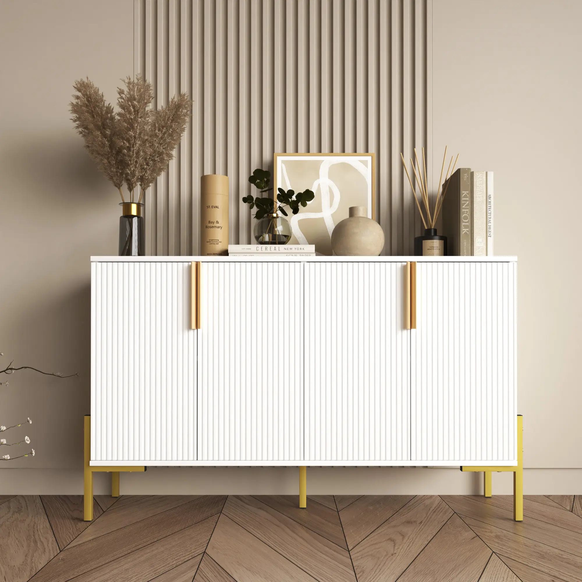 Farmhouse Buffet & Sideboard Cabinet with Storage - Pantry Cabinet with 4 Doors, Wood Cupboard Hutch, Coffee Bar Station Table for Kitchen, Living Room & Dining Room