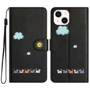 For iPhone 13 mini Cartoon Cats Leather Phone Case(Black)