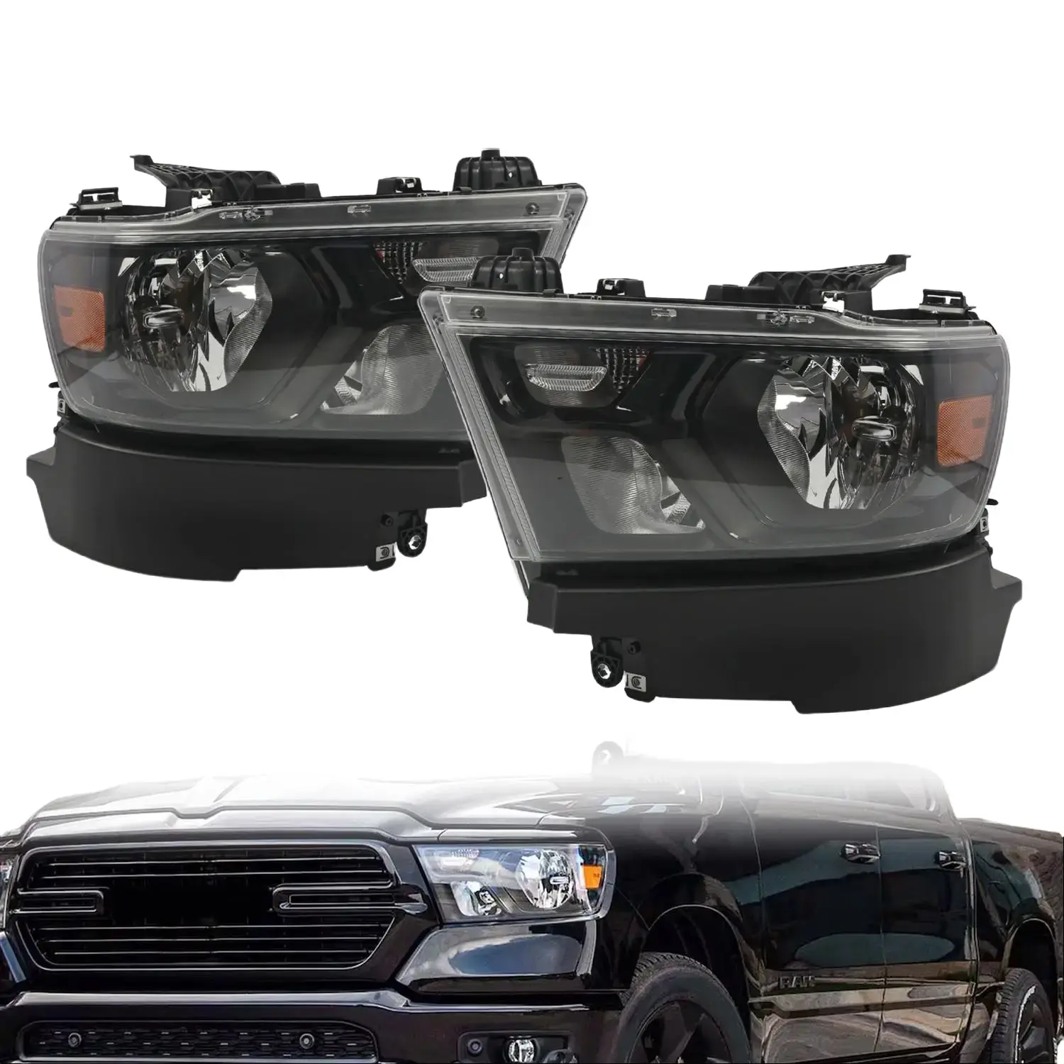 Nakkaa Black Halogen Headlight Assembly - Compatible with 2019-2023 Dodge Ram 1500, Factory Look, OEM Matched, Plug & Play, Pre-Built Car Bulbs, Street Legal