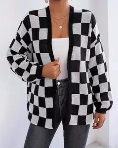 Checkerboard Pattern Open Front Knit Cardigan