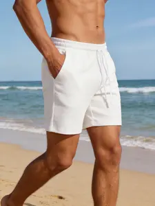 Men's Solid Color Polyester Casual Shorts, Elastic Waist Drawstring, Loose-Fitting Summer Beach Pants, Plain Style, Casual Comfy Shorts