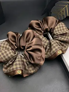 2PCS 16cm Over size Plaid Hair Tie High-End Satin Pleated Scrunchies, Jointed Pattern Cloth Patchwork Color block Hair Scrunchies Elegant British Style French Style Fabric Braided Headband Ponytail Holder for Women Lady Girl Mon Girlfriend Present Gift
