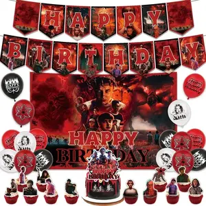 Stranger Things Season 5 birthdayparty decoration set: banner, cake topper,balloons, backdrop, and other decorations for TVseries fans and enthusiasts.