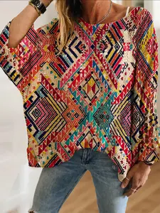 Women's Vintage Ethnic Colorful Geometric Lattice Printed Round Neck Long Sleeve Knit Hollow Out Top, Casual Elegant Vacation Style