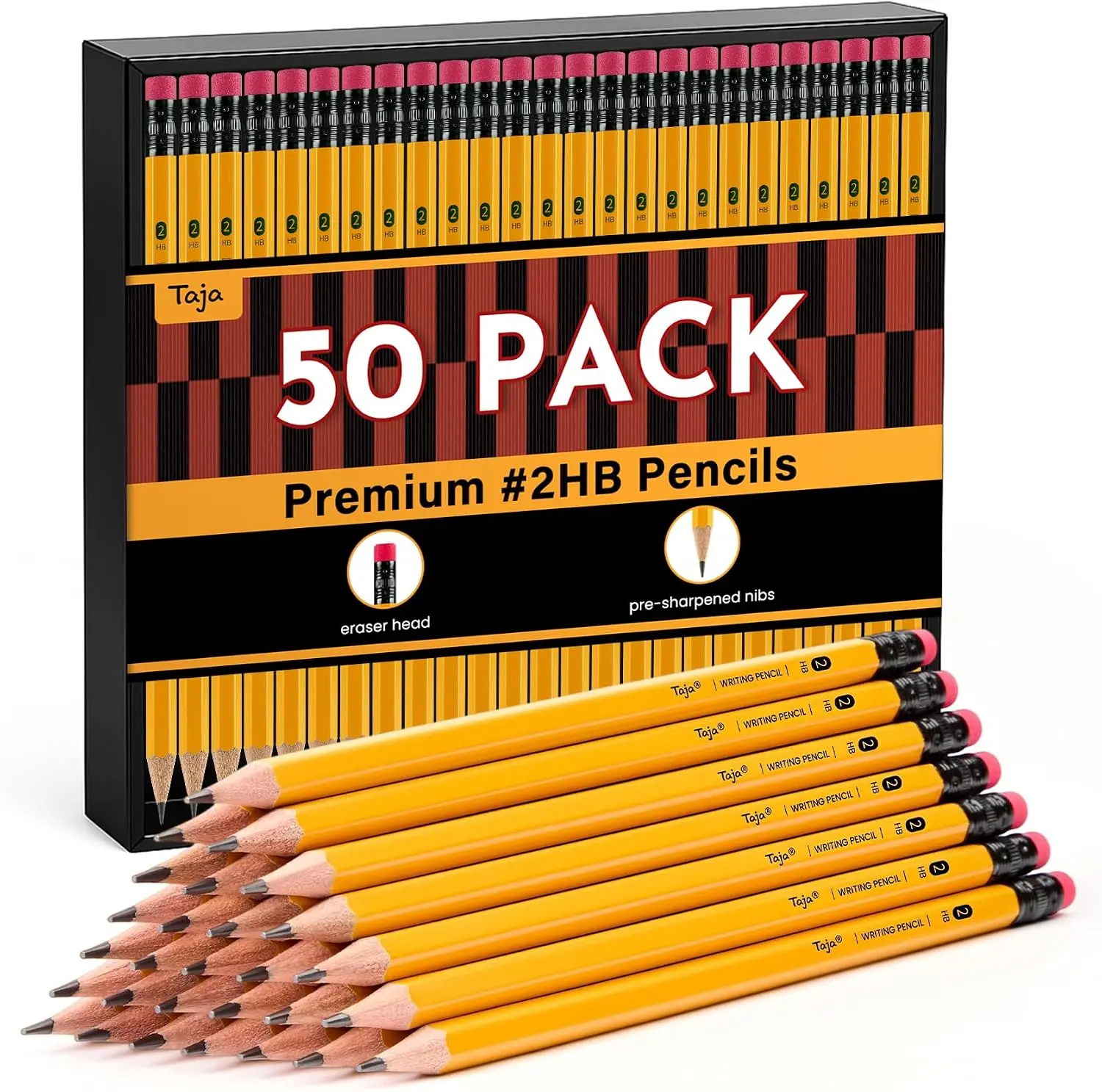 Taja 50 Pack Pre-Sharpened Wood-Cased #2 HB Pencils, Yellow Hexagonal Barrel with Top Eraser, Bulk Office Stationery for School Writing, Sketching