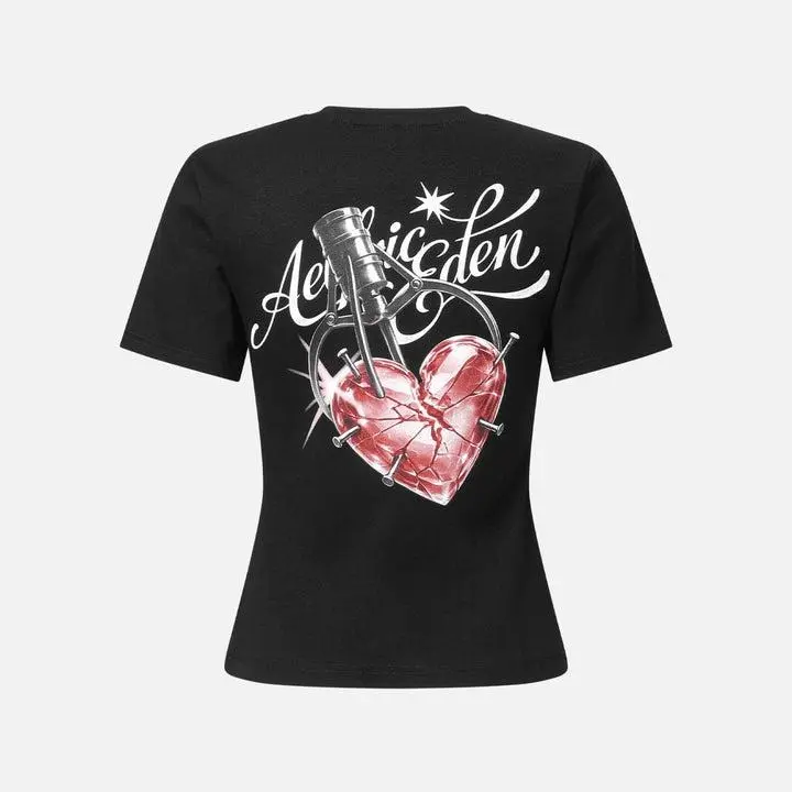 Aelfric Eden Broken Heart Graphic Baby Tee Slim Cropped Fitted Silhouette Front Script Logo & Back Broken Heart Crystal Print Soft Stretchy Cotton Fabric Edgy Y2K Casual Streetwear Women Top