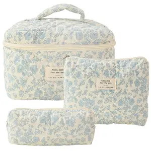 3-Piece Quilted Makeup Bag Set - Large Floral Cosmetic Pouch | Cute Cotton Toiletry Organizer for Women & Travel