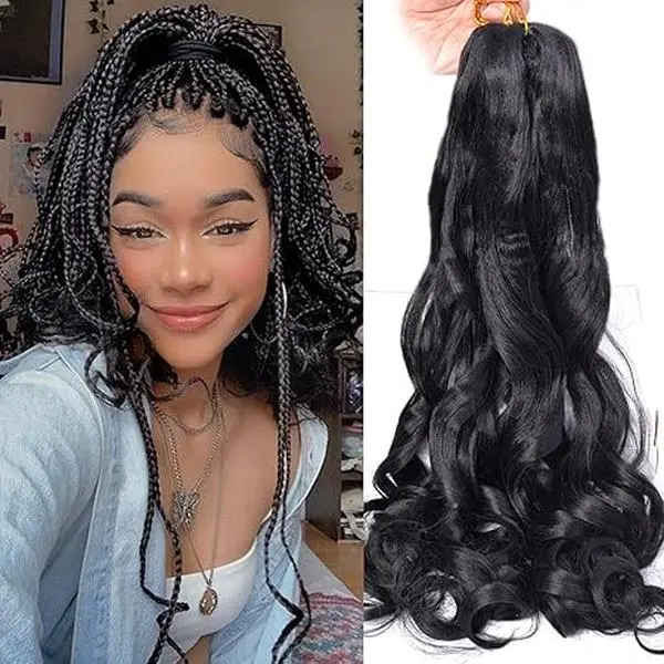 8 Packs French Curly Braiding Hair YxHair 24Inch Loose Wavy box braids 8 Packs #1B Black Bouncy foxtail braids Synthetic Hair Extensions for Black Women Pre-Stretched Crochet Braids Hair