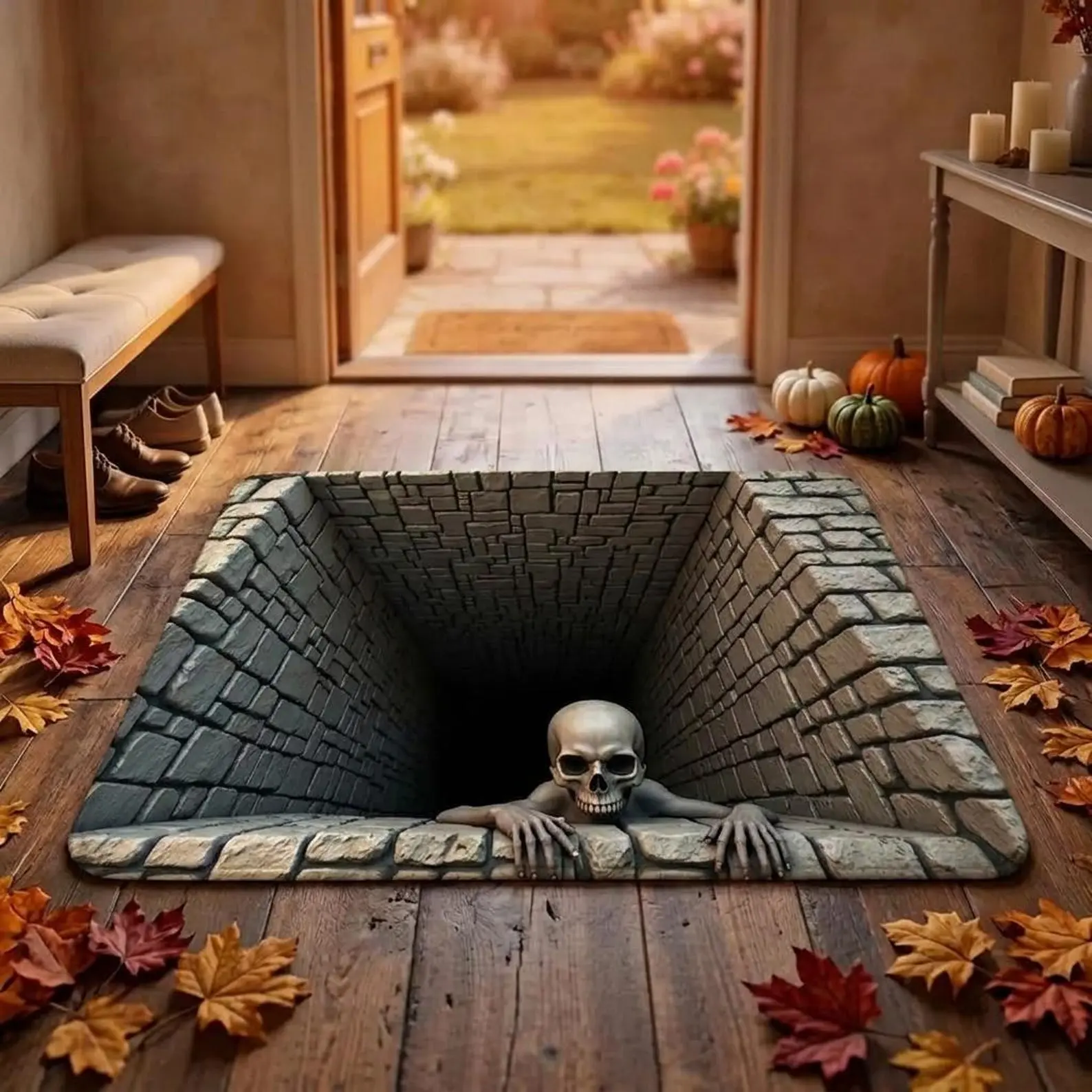 Halloween 3D Optical Illusion Rug, Skeleton Climbing Out of Pit Floor Mat, Scary Skull Dungeon Carpet, Spooky Horror Home Decor