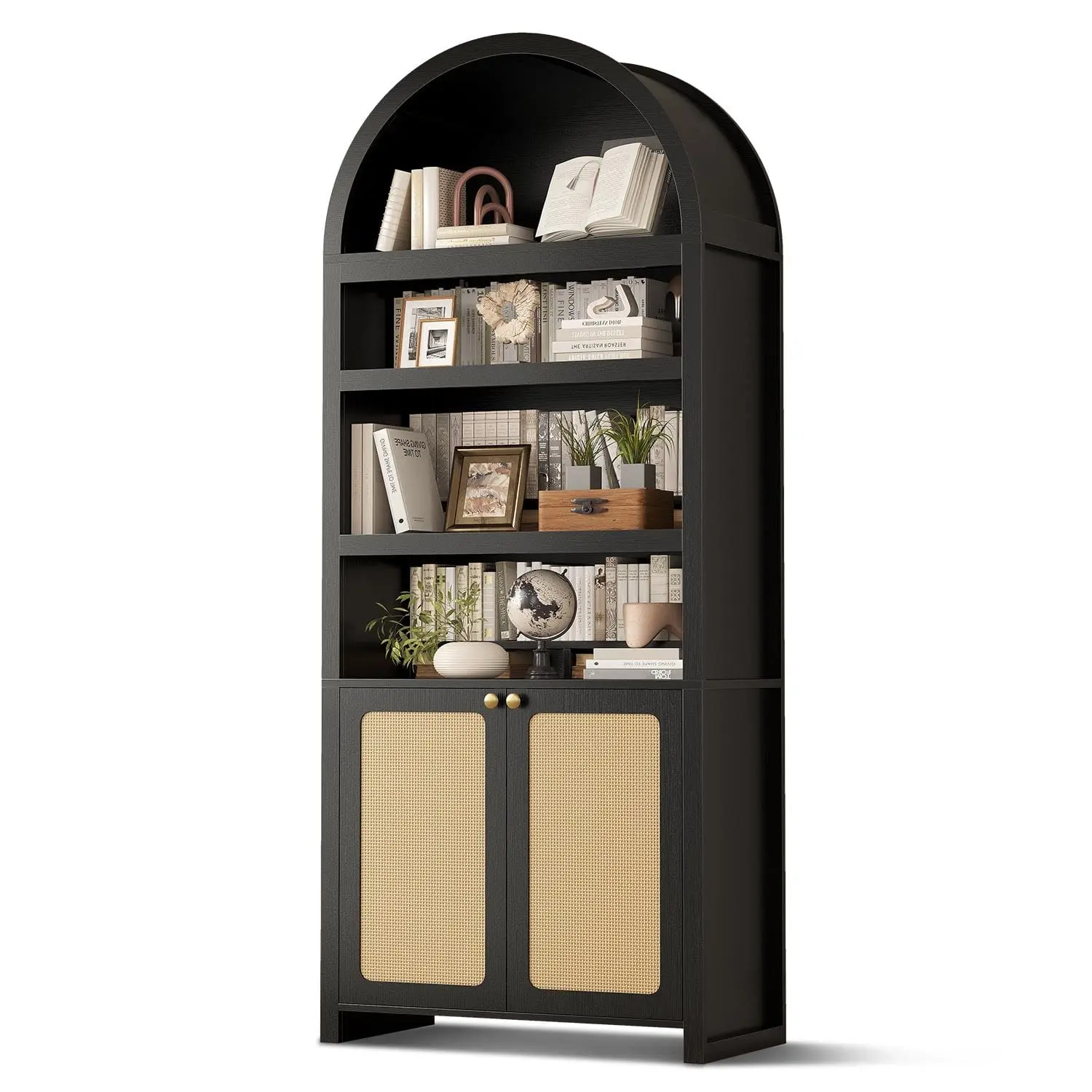 81 Inches Tall Arched 6-Tier Bookcase with Door Black Oak