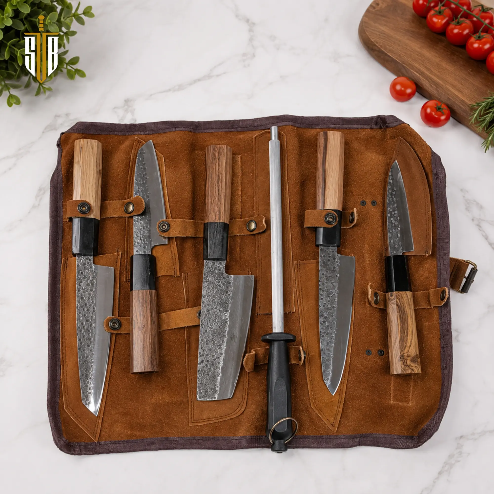 Handmade Japanese Chef  Set | 5Pcs Hammered High Carbon Steel Kitchen Knives | Leather Roll With Honing Rod | Personalized Gift For Him/Her