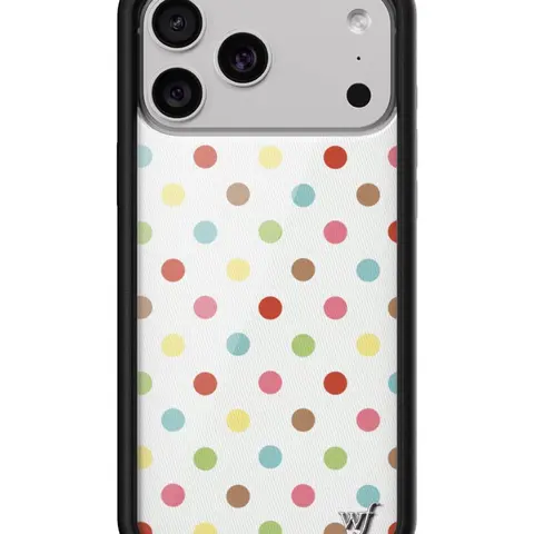 Wildflower Cases Limited Edition Handmade Confetti Polka Dot iPhone Case, Shockproof Raised Black Protective Bumper, White Background with Blue Green Yellow Brown Dots, Women's Owned Small Business, Gift for Her