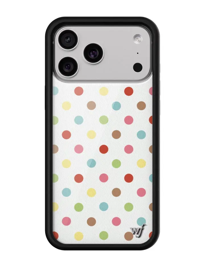 Wildflower Cases Limited Edition Handmade Confetti Polka Dot iPhone Case - Cute Phone Accessories, Shockproof Raised Black Bumper, White Background with Blue, Green, Yellow, Brown Dots, Heavy Duty Protection, Women's Owned Small Business Gift for Her