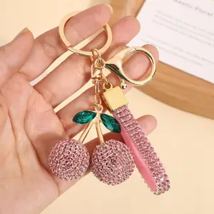 Stylish and exquisite cherry keychain, sparkling crystal cherry keychain, women's and girls' bag charm, handbag pendant, car keychain accessory.