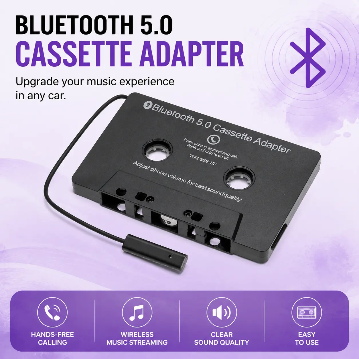 Bluetooth 5.0 Car Cassette Adapter, Wireless Audio Receiver Tape Converter for Car/Home Stereo, Compatible with Smartphones, MP3, Tablet