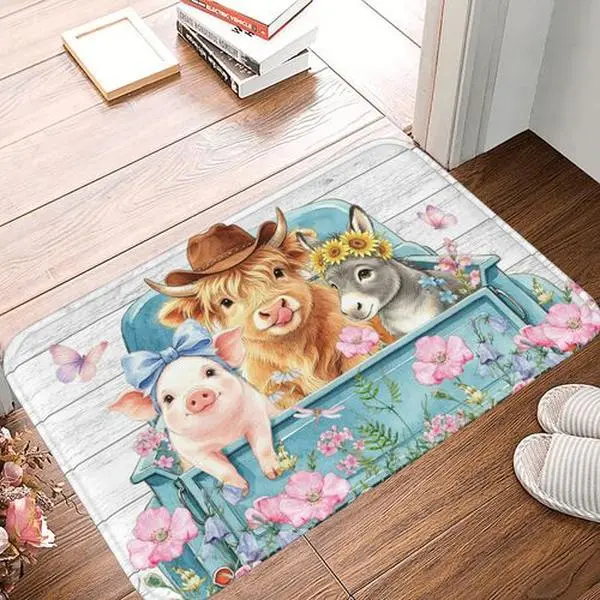 Cute Highland Cow Flowers Bathroom Rugs Mat Non Slip Washable Farmhouse Style Thin Bathroom Rug-Bath Mats for Sink Shower Room