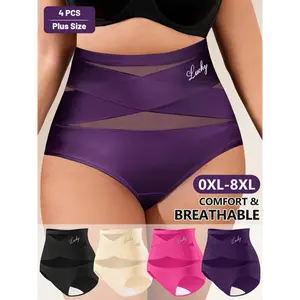4pcs Plus Size High-Waist Tummy Control Panties for Women - Breathable Mesh, Seamless, Butt Lifting Shapewear Underwear, Plus Size Panties, Cross-waist, Triangle Panties Fabric Womenswear