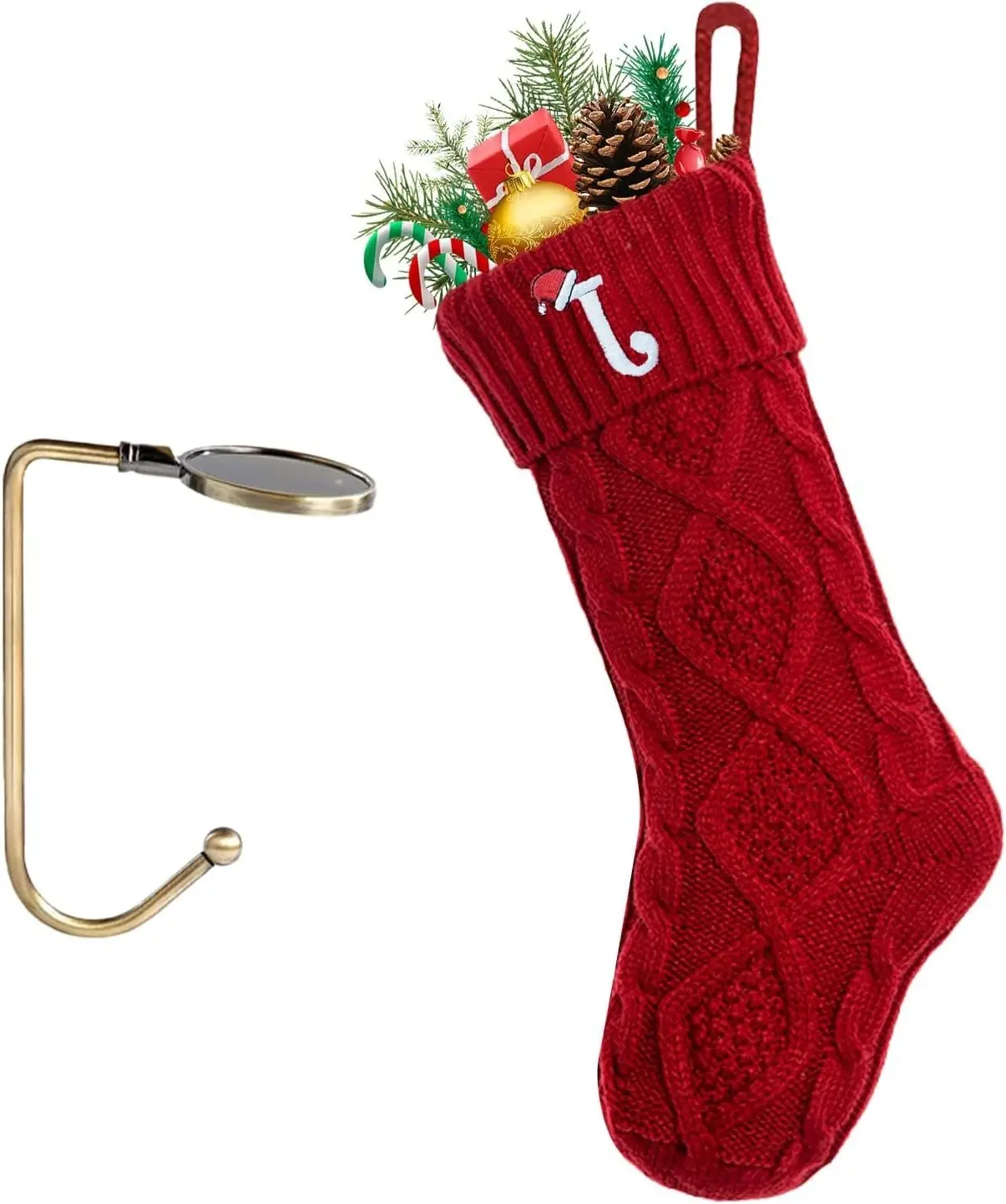 Christmas Stockings with Initials, Letter J Embroidered Xmas Stockings, 18" Large Monogram Knitted Xmas Stocking, Christmas Party Fireplace Family Hanging Stocking Decorations (1 Pack, Red)