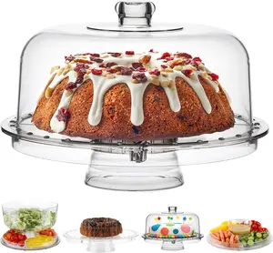 Homeries Acrylic Cake Stand with Dome Cover (6 in 1) Multi-Functional Serving Platter and Cake Plate - Use as Cake Holder, Salad Bowl, Platter, Punch Bowl, Desert Platter, Nachos & Salsa Plate