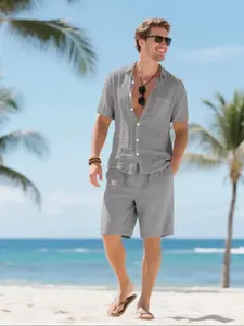 Two-piece Set Men's Solid Linen Shirt & Shorts Set, Loose Casual Breathable Short Sleeve Button Up Top & Shorts, Men's Two-piece Outfits for Beach Vacation, Clothes, Menswear
