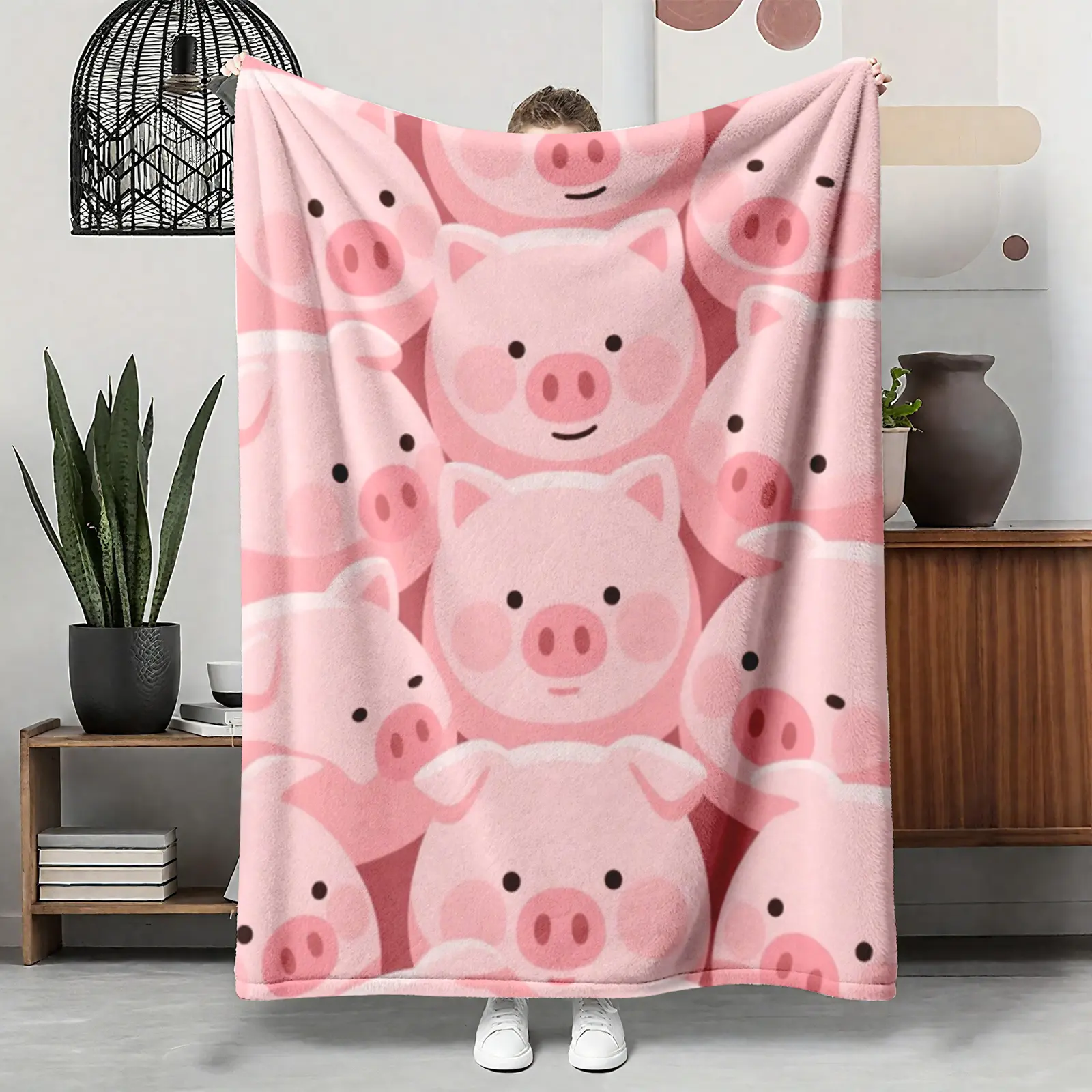 Cute Pink Pig Face Flannel Blanket, Kawaii Farm Animal Pattern Soft Throw, Cozy Warm Gift for Her Daughter Girlfriend Women, Couch Sofa Bed Home Decor, Summer AC Nap Blanket, Birthday Christmas Gift for Pig Lovers Kids, Adorable Animal Throw