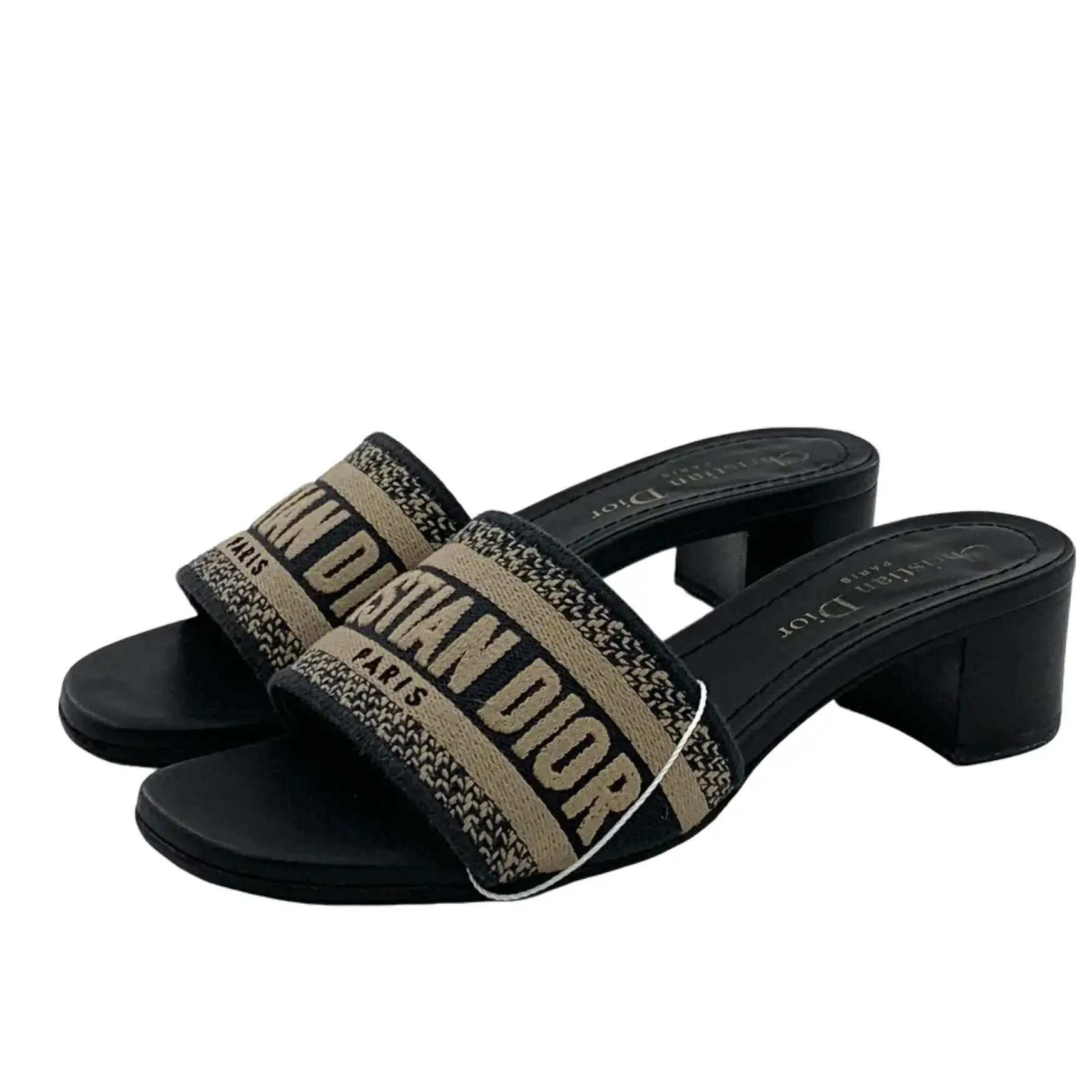 RDLT-Dior size 35 black logo woven strap embroidery high heel slide sandals-H38140