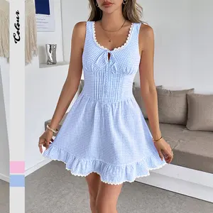 Women's Light Blue Gingham Sleeveless Lace Trim Keyhole Tie Front A-Line Mini Casual Dress - Stylized, Single-Piece, Cropped, Girlyish Casual Dresses for Summer Date Night, Preppy Ruffle Hem Sundress
