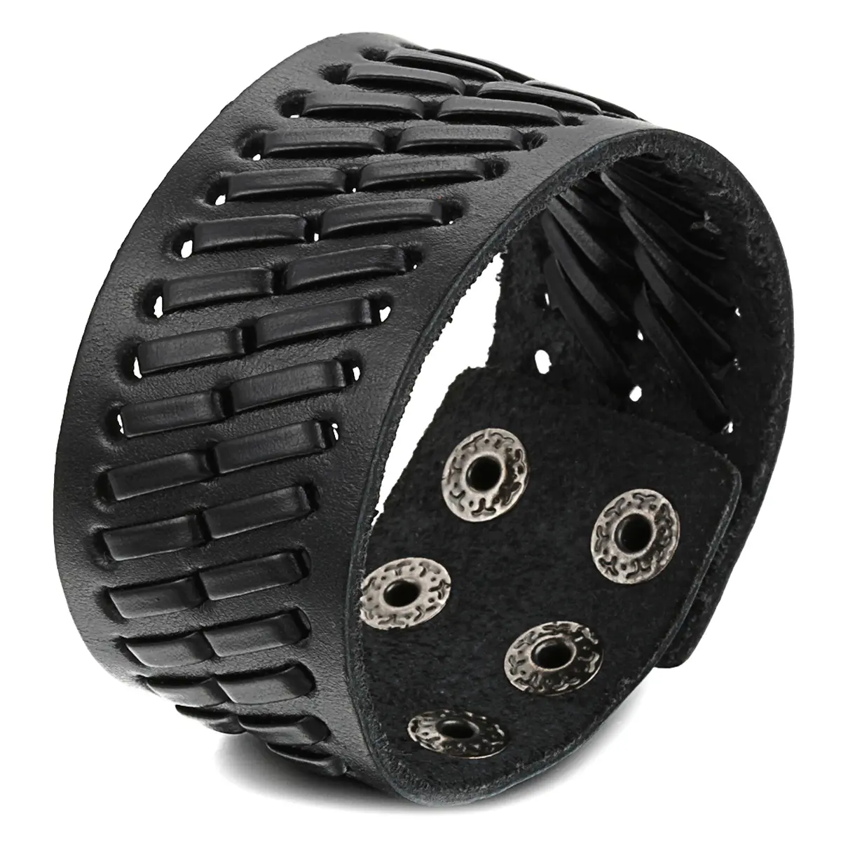 OIDEA Unisex Cuff Bracelet, Wide 3.5cm Braided Premium Leather Biker Wristband with Adjustable Button Closure, Premium Leather Feel, 23Cm Length, 3.5Cm Width