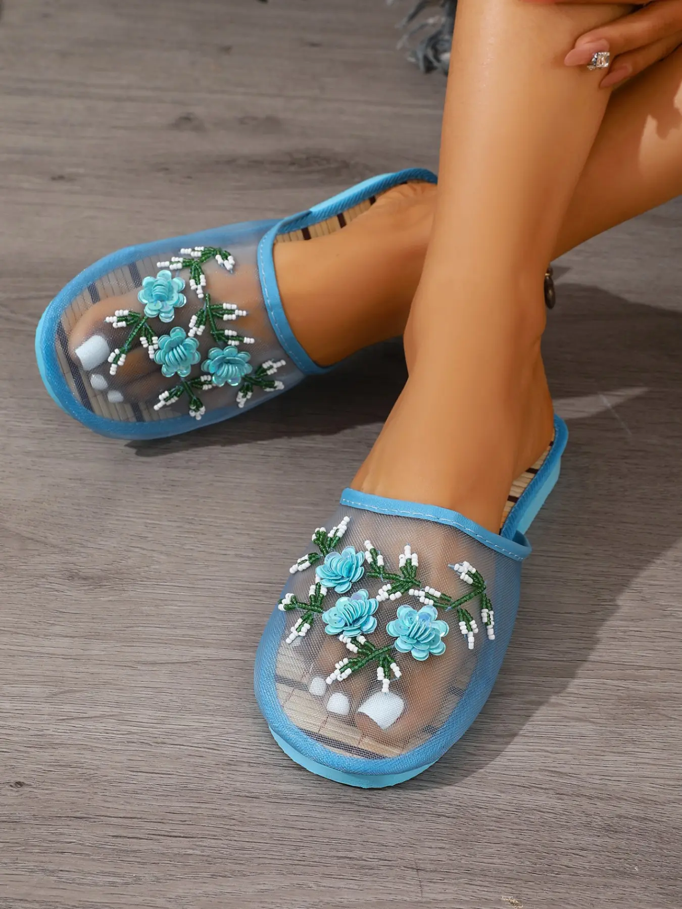 Women's Bohemian Mesh Sandals, Floral Embroidered Slippers, Summer Slide Slippers, Breathable Bamboo Sole, Lightweight Summer Footwear, Comfortable Open-Toe Shoes