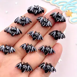 30 Pieces Mini Black Resin Bat Figurines for Halloween Crafts, Scrapbooking and Nail Art - Flat Back DIY Decorative Accessories with White Eyes and Sharp Teeth, Halloween Decorations