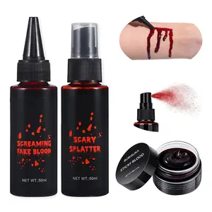 3PCS Halloween Fake Blood Makeup Kit - Coagulated Blood 1.41oz + Fake Blood Spray 1.76oz + Dripping Blood 1.76oz, Realistic Washable SFX Makeup for Zombie Monster Mouth Clothes Dress Up