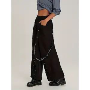 Women's Gothic Punk Cargo Pants -Low-Rise Wide-Leg Baggy Boyfriend Denim Jeans with Adjustable Straps, Streetwear Harajuku Style, Black, Low Rise Jeans, Casual Streetwear, Alt Fashion Attire, Edgy Trousers, Tr Fabric Womenswear mom jeans Bottoms Polyester