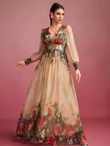 Boho Floral Print Long Sleeve V-Neck Dress, Loose Fit Casual Vacation Dress, Plus Size Fashion for All Seasons, Casual Wear, Womenswear, Elegance, Lady