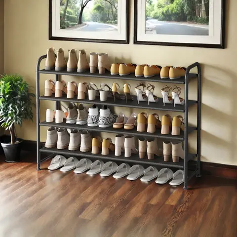 INGIORDAR Metal Rectangle Expandable Shoe Rack - 2/3/4-Tier Footwear Storage Solution, Adjustable Height, Sturdy Dust-Block Base, Silicone Feet, Easy Assembly, Closet Storage with Open Shelves, Grab Fast, Spill-Proof Trays for Entryway