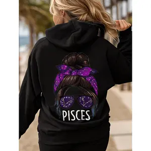 Pisces Zodiac Sign Hoodie - Women's Black Hooded Long Sleeve for Pisces Women with Unique Astrology Print Perfect for Gifts Sweatshirts Tops Womenswear Casual Pullover Fitted