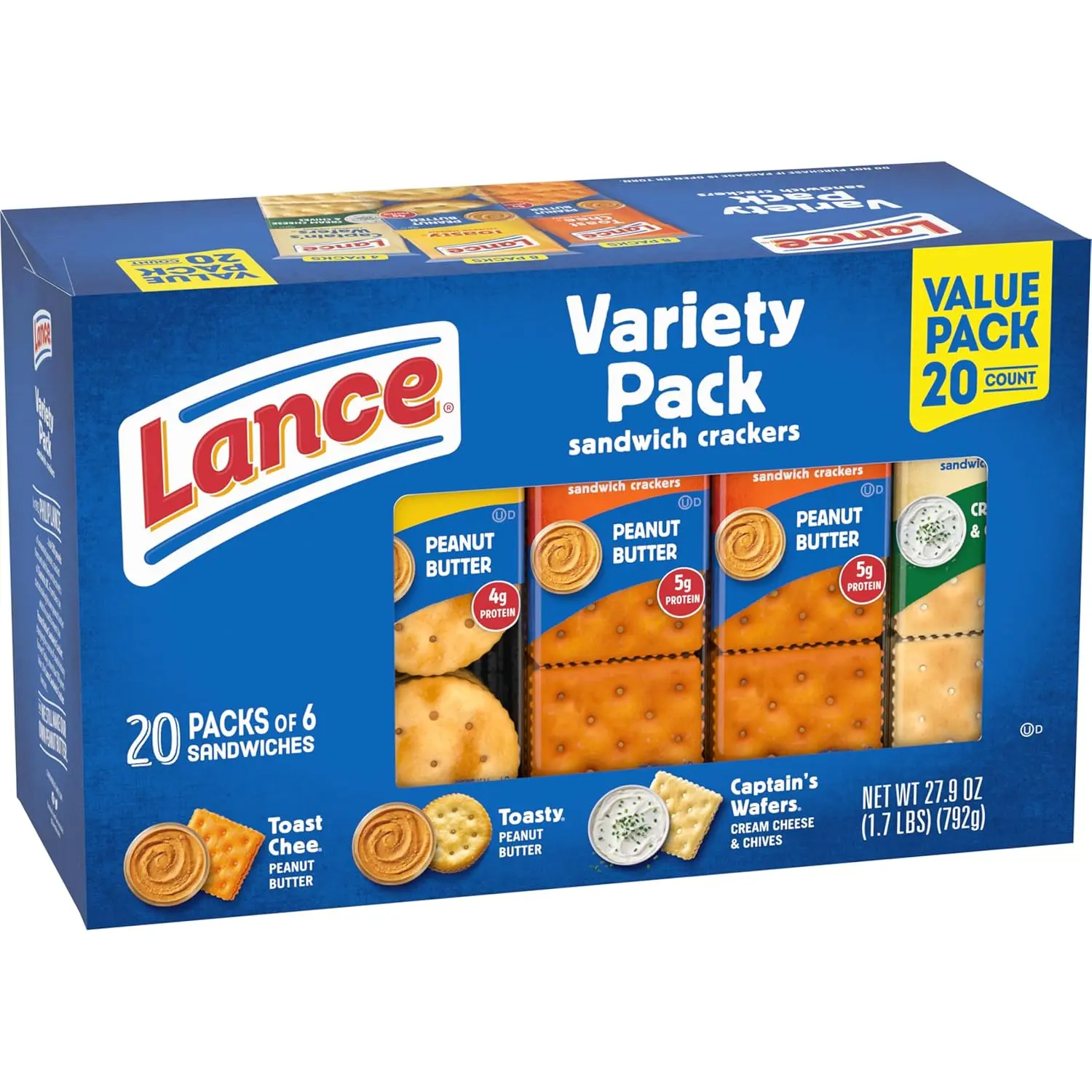 Lance Sandwich Crackers - 3 Assorted Cream Flavors (Peanut, Pb, Cream Cheese, Real Cheese Fill) - 20 Grab-and-Go Packs (20 Packs to Go) - 6-Sandwich Portioning (6pack Portioning) - School Snacks for All Ages