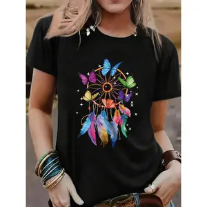 [100% Cotton] Butterfly Print Casual T-shirt, Polyester Blend Crew Neck Short Sleeve Tee for Women, Regular Fit, All Season, 180g/m² Knit Fabric  Golf Gift T-Shirt For Men and Women