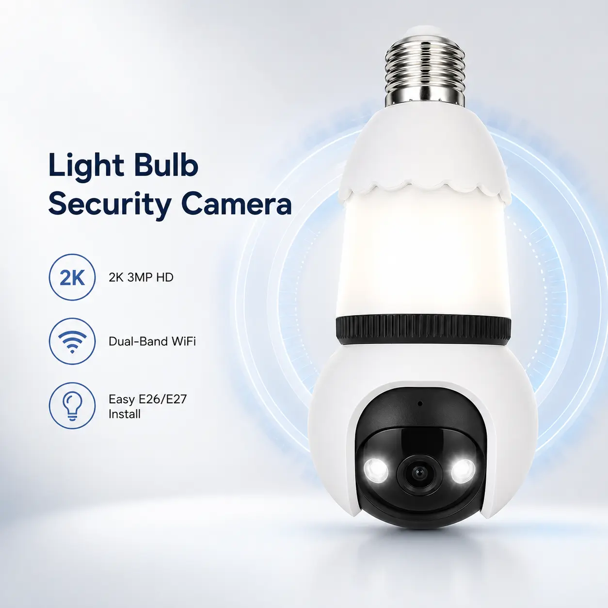 2K 3MP Light Bulb Security Camera for Home, Dual-Band 2.4GHz/5GHz WiFi Connection, Easy E26/E27 Screw-In Installation, 355° Pan 90° Tilt PTZ, Night Vision, 2-Way Audio, Recording & Remote Monitoring