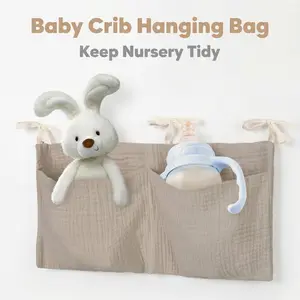 Baby Bed Hanging Bag, Soft Fabric 40x20cm, Toy Bottle Night Feeding Storage, Linen Organizer for Bedtime Toys, Universal Cord Fastening
