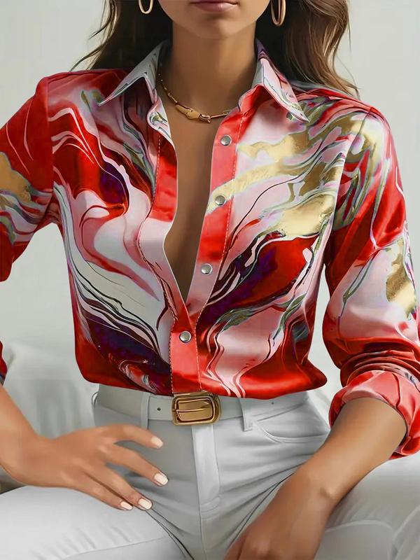 Women's Random Print Curved Hem Satin, Casual Long Sleeve Button Front Collared Blouse Top for Daily Wear, Ladies Clothes for All Seasons