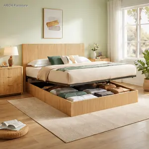 Rustic Oak King Size Lift Up Storage Bed Frame with Gas Spring Lift, Under Bed Storage, Wooden Corrugated Curved Lines, No Box Spring Needed, Beds, King Size Bed Frame