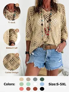 Women's V Neck Crochet Knit Tops Short Sleeve Hollow Out Sheer Sweaters Oversized Beach Cover Up Shirts