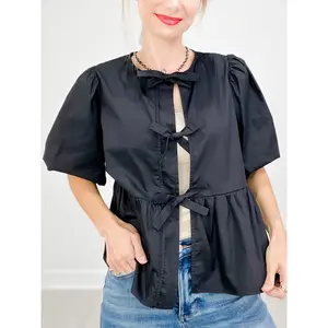 Solid Cotton Poplin Front Tie Ribbon Blouse