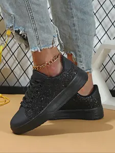 Glitter Fabric Skate Shoes, Casual Trainers, Casual Comfortable Breathable Sports Shoes, Fashionable Sneakers for Daily Wear, Girl's New Fashion Shoes, Runner